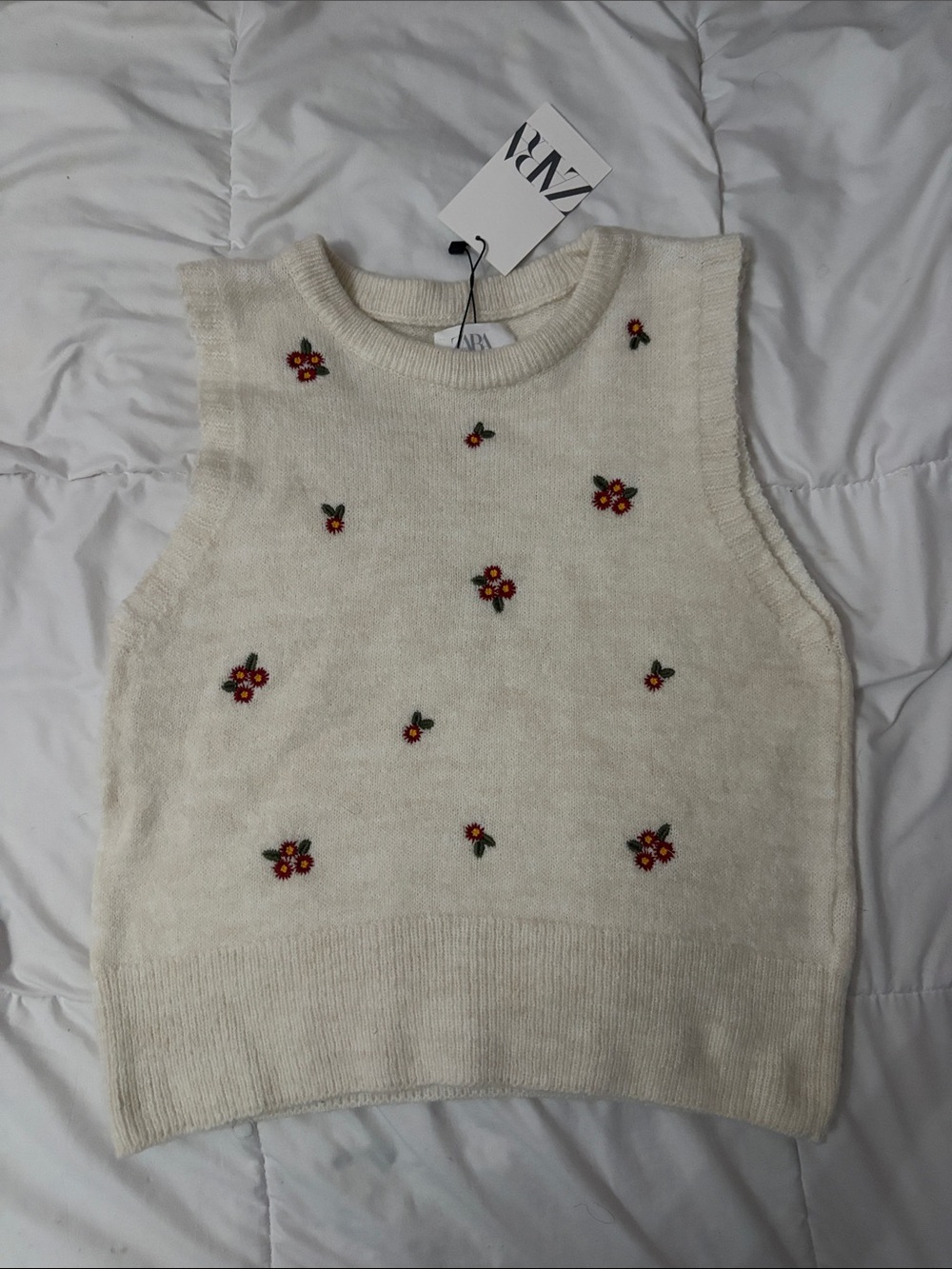 Zara Cream Knit Sweater Vest with Red Floral Embroidery